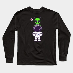 Cute Astronaut With Alien Cartoon Long Sleeve T-Shirt